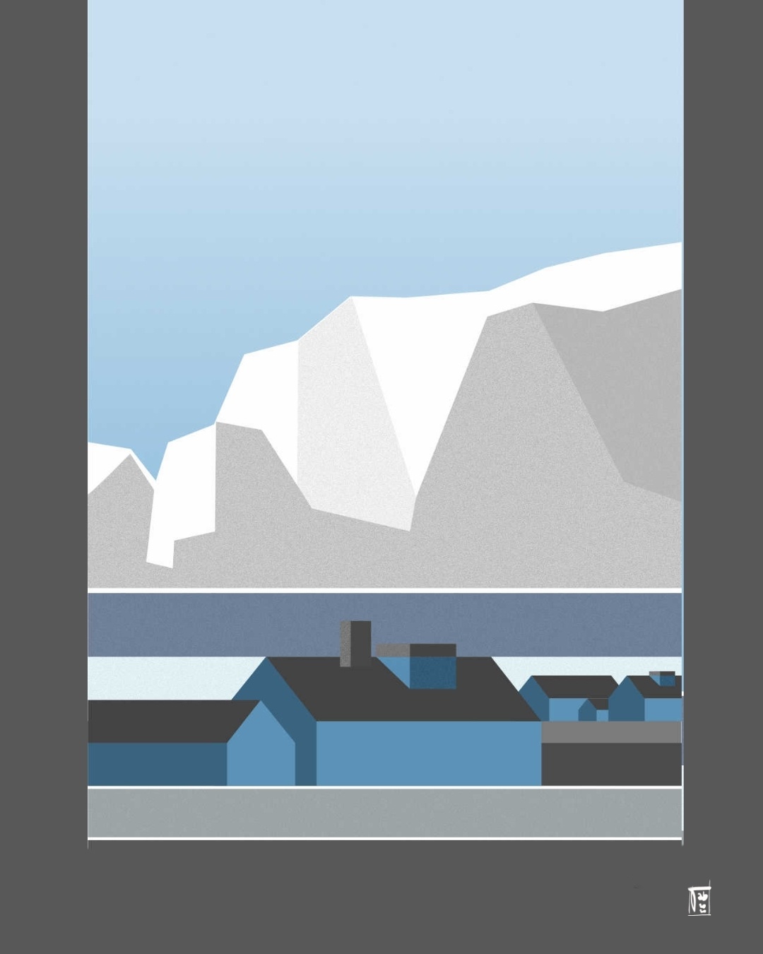 case immerse in un lago nordico con montagne sullo sfondo