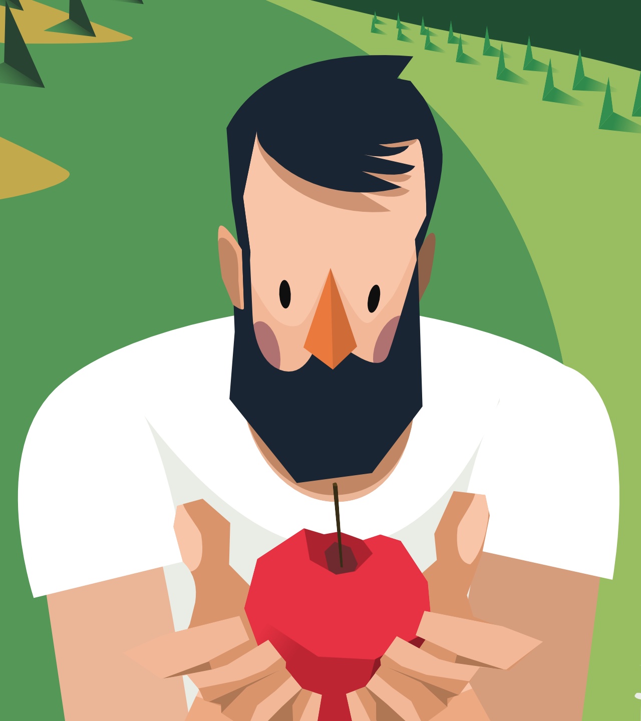 uomo con barba che tiene racchiusa tra le proprie mani una mela rossa sul fondo di una valle di montagna