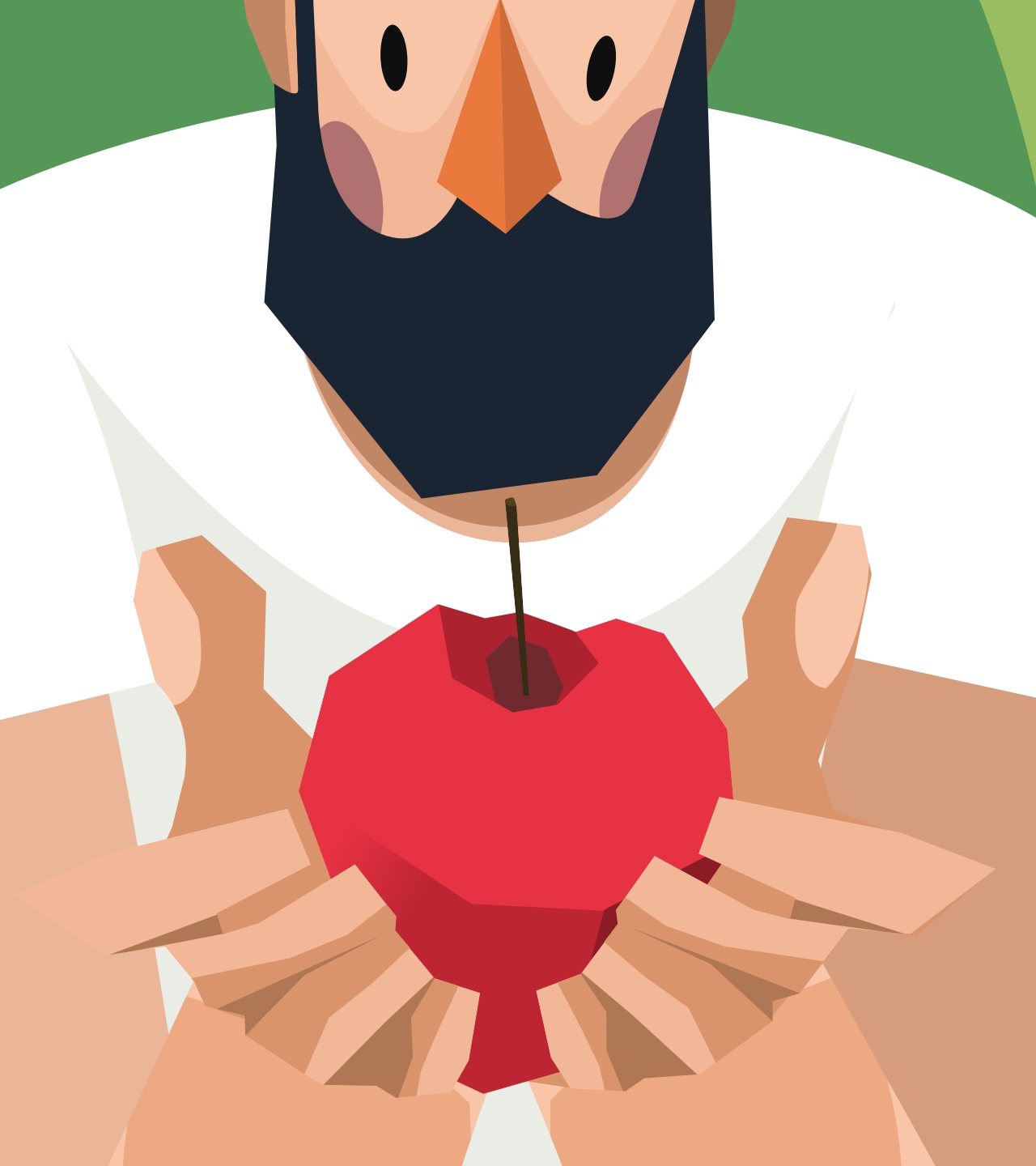uomo con barba che tiene racchiusa tra le proprie mani una mela rossa