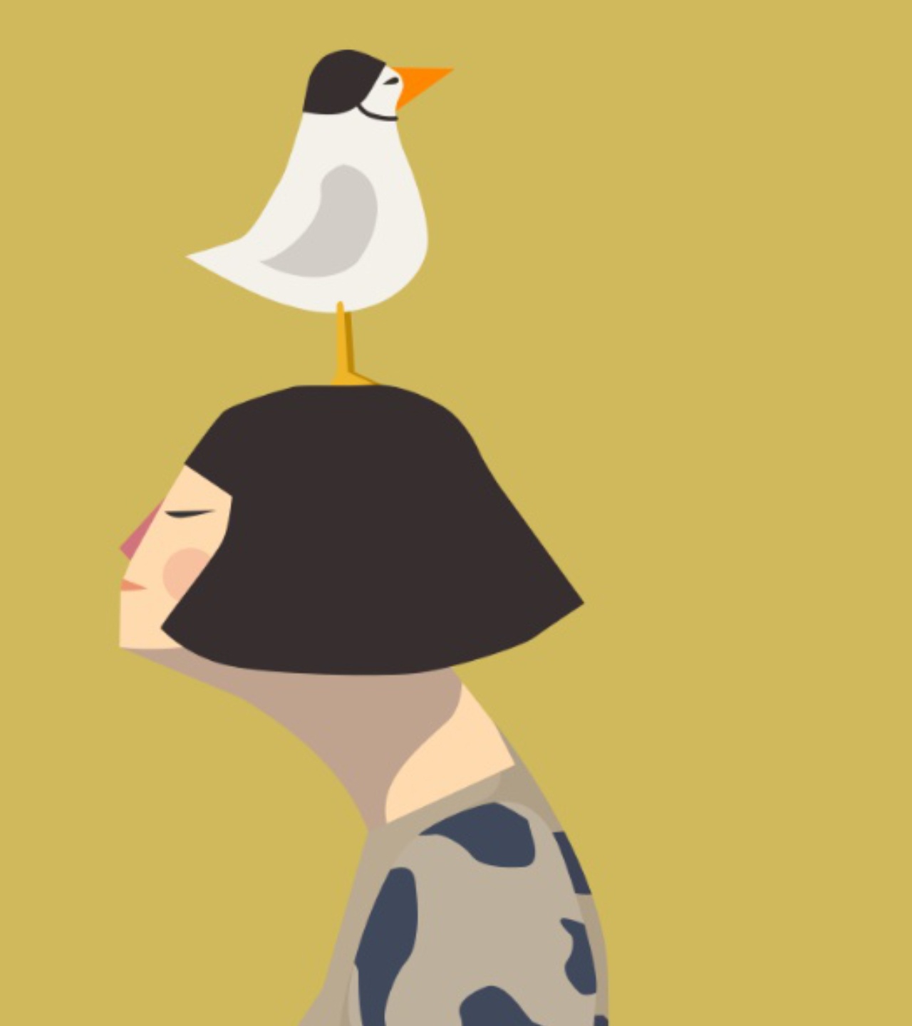 profilo di una donna con i capelli a caschetto e un gabbiano, suo compagno di avventure, sopra la testa