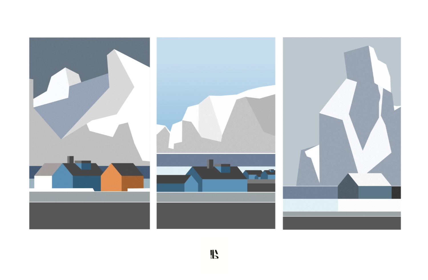 tre paesaggi nordici con case, montagne innevate e un fiordo d'acqua che li contiene