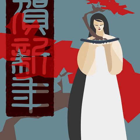 Illustrazione artistica dal titolo 'RITO DI PASSAGGIO' che raffigura una cerimonia iniziatica o momento di transizione importante nella vita, rappresentando attraverso simboli e atmosfere rituali il passaggio da una fase esistenziale all'altra