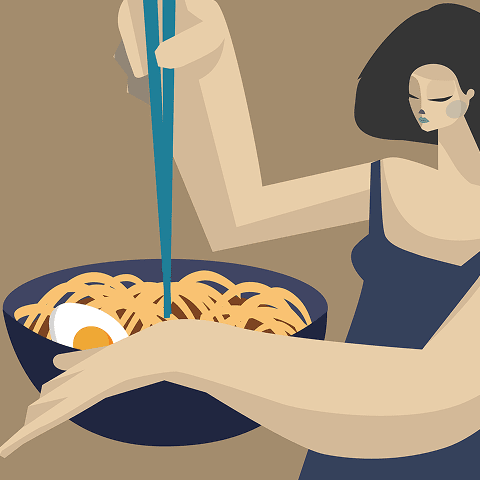Illustrazione artistica dal titolo 'RAMEN GIRL' che raffigura una giovane donna nell'atto di gustare o preparare ramen, piatto tradizionale giapponese, catturando l'atmosfera intima e confortevole del consumo di questo comfort food asiatico