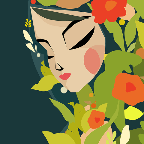 Illustrazione artistica dal titolo 'NEL GIARDINO' che raffigura una scena bucolica e tranquilla ambientata in uno spazio verde naturale, realizzata con tecnica delicata che evoca serenità e connessione con la natura